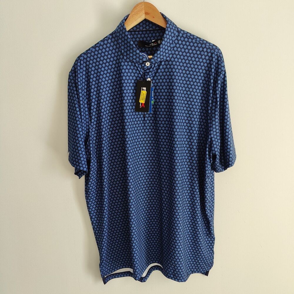 RLX Ralph Lauren Mens XL Navy Golf Polo Blue Compass All Over Print Performance